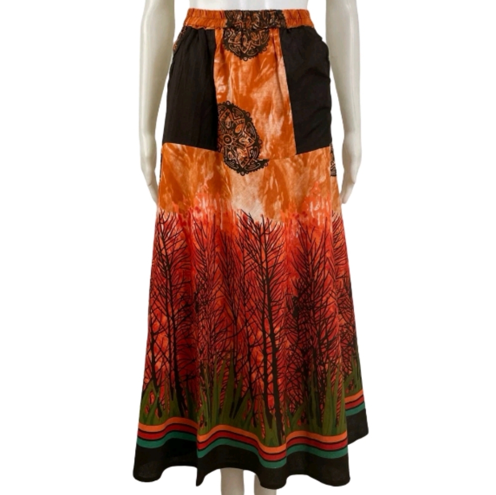 NWT Unity Collection Vibrant Orange and Black Boho Maxi Skirt Sz One Size